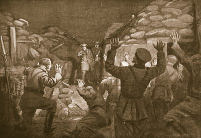 Un oficial alemán y catorce de sus hombres piden clemencia al teniente Leach (litografía) de Margaret Dovaston