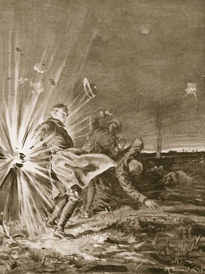 Un proyectil estalla cerca del soldado Jackson, volándole el brazo cuando ayudaba a traer a un herido (litografía). de Margaret Dovaston