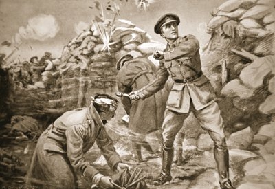 El capitán Vickers mantiene a raya al enemigo mientras se construye una barrera detrás de él (litografía) de Margaret Dovaston