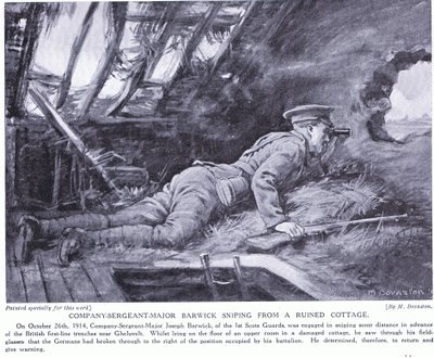 Sargento Mayor de Compañía Barwick disparando desde una cabaña en ruinas en Ghehuvelt Octubre 1914 (litografía) de Margaret Dovaston