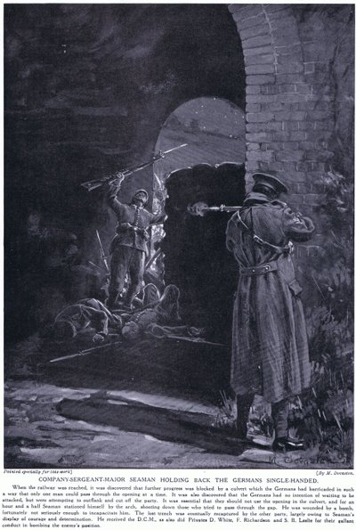 El Sargento Mayor de la Compañía Seaman gana una M.C.D. por contener en solitario un ataque alemán en febrero de 1915 (litografía). de Margaret Dovaston