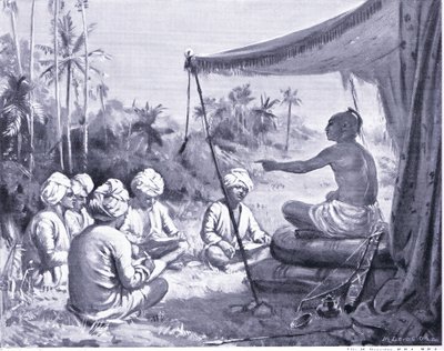 Kulottunga Chola da instrucciones a sus topógrafos 1086 d.C. (litografía) de Margaret Dovaston