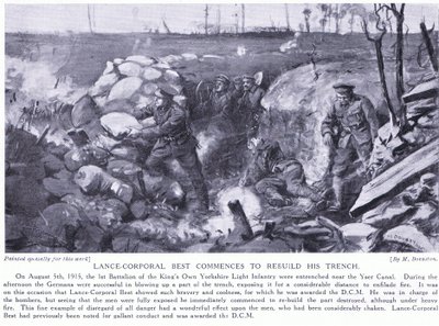 Soldado de primera Best condecorado con una M.C.D. por comenzar a reconstruir su trinchera cerca del canal de Yser bajo un intenso fuego en agosto de 1915 (litografía). de Margaret Dovaston
