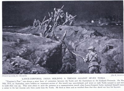 El cabo primero Jacka gana una VC demostrando cómo un hombre puede vencer a siete Mayo de 1915 (litografía) de Margaret Dovaston