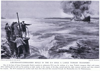 El capitán de corbeta Boyle en el E14 hunde un gran transporte turco 1915 (litografía) de Margaret Dovaston