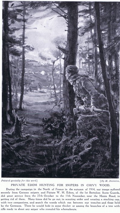 Soldado Edom cazando francotiradores en Chivy Wood, otoño de 1914 (litografía) de Margaret Dovaston