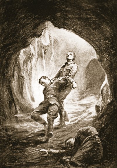 Soldado Weston rescatando a un camarada afectado por el gas en una galería minera (litografía) de Margaret Dovaston