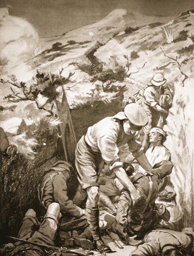 Los soldados Druall y Smith retiran a los heridos de una savia desprotegida y expuesta a fuego intenso (litografía). de Margaret Dovaston