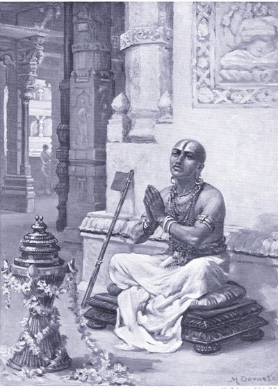 Ramanuja contemplando su filosofía del Dios único y personal 1100 d.C. (litografía) de Margaret Dovaston