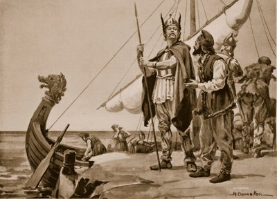 Rurik parte hacia la tierra de los eslavos, 862 (litografía) de Margaret Dovaston
