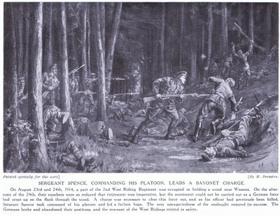 El sargento Spence ganó una DCM por liderar su pelotón lidera una carga de bayoneta en bosques cerca de Wasmes en agosto de 2014 (litho) de Margaret Dovaston