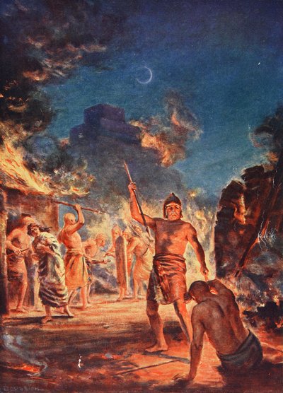 La quema de Lagash, ilustración de la "Historia de las Naciones" de Hutchinson, hacia 1910 (litografía en color). de Margaret Dovaston