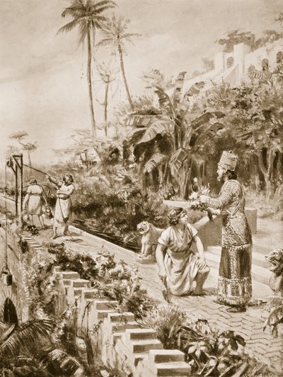 Los jardines colgantes de Babilonia, ilustración de la "Historia de las Naciones" de Hutchinson (litografía). de Margaret Dovaston
