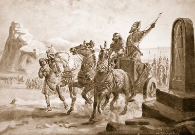 Tiglat-Pileser IV ante la ciudadela de Turushpa, ilustración de la "Historia de las Naciones de Hutchinson" (litografía). de Margaret Dovaston