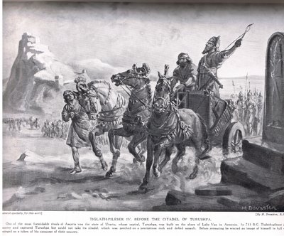 Tiglat-Pileser IV ante la ciudadela de Turushpa, ilustración de la "Historia de las Naciones de Hutchinson" (litografía). de Margaret Dovaston