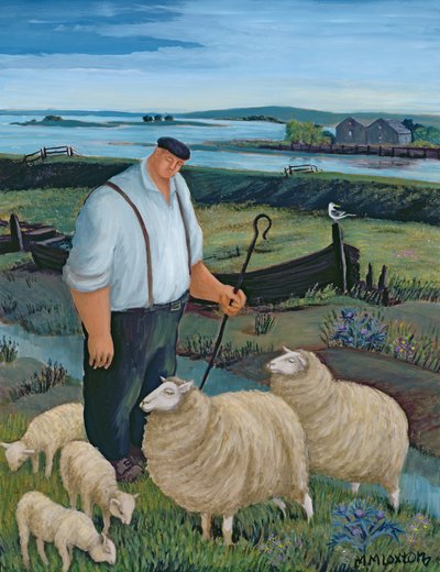 Pastor con ovejas en un paisaje fluvial de Margaret Loxton