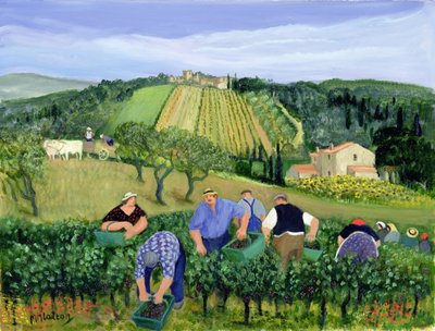 Viñedo, aceitunas y girasoles (óleo sobre lienzo) de Margaret Loxton