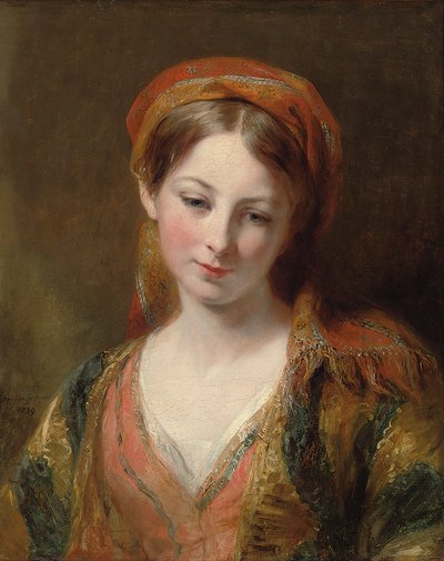 Retrato de una niña, se cree que es Henrietta Carpenter, busto, con vestido oriental, 1839 de Margaret Sarah Carpenter