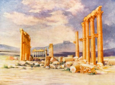 Columnata, Palmira, con el castillo druso a lo lejos (litografía en color) de Margaret Thomas