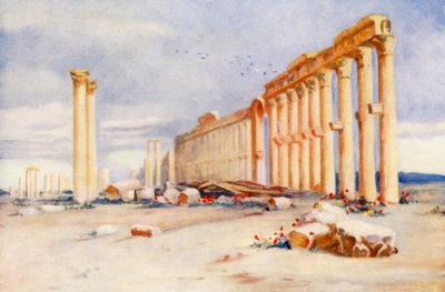 Columnata, Palmira, con el castillo turco a lo lejos (litografía en color) de Margaret Thomas