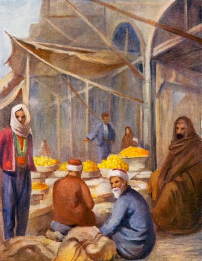 En el bazar de la fruta, Damasco (litografía en color) de Margaret Thomas