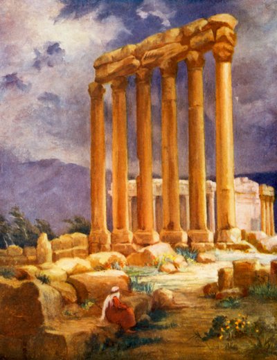 El templo de Júpiter, Baalbek, otra vista (litografía en color) de Margaret Thomas