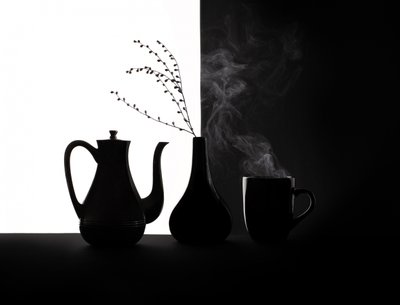 Naturaleza muerta con café, blanco y negro de Margareth Perfoncio