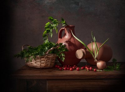 Naturaleza muerta en una cocina rústica de Margareth Perfoncio