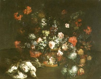 Rosas, tulipanes, campanillas, lilas y otras flores en una canasta con pájaros muertos de Margarita (attr. to) Caffi