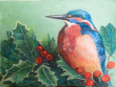 Martín pescador sobre bayas, 2022 (pastel) de Margo Starkey
