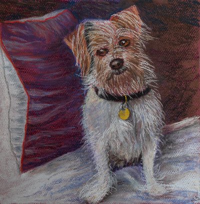 Mi pequeño perro en cojín de seda de Margo Starkey