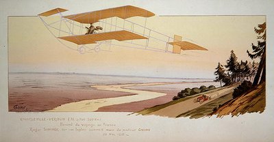 Roger Sommer (1877-1965) volando una distancia récord en su Biplano Sommer de Charleville a Verdun, mayo de 1910, publicado por Mabileau, París de Marguerite (fl.1909 14) Montaut