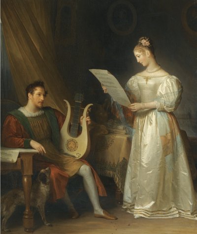 Interior con un hombre sosteniendo una lira y una mujer con una partitura musical de Marguerite Gerard