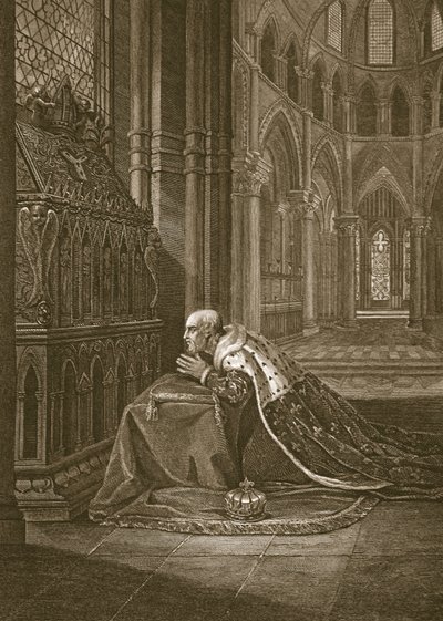 Luis VII, Rey de Francia, ante la tumba de Beckett, grabado por W. Sharp, ilustración de 