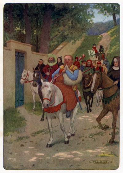 Cuentos de Canterbury de Chaucer: The Miller interpreta a la Compañía fuera de la ciudad (litografia en color) de Maria Louise Kirk