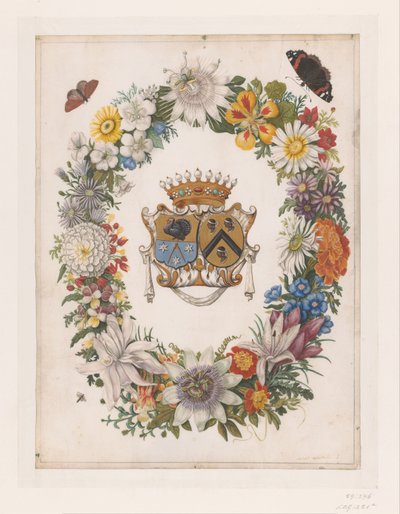 Escudo de la Alianza de Cornelis Calkoen y Maria van der Merct
Escudo de Cornelis Calkoen y Maria van der Merct en una guirnalda de flores de Maria Moninckx
