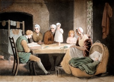 Tres generaciones escuchando una lectura de la Biblia familiar, c. 1800 de Maria Spilsbury