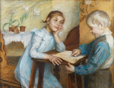 Un interior con un niño leyendo a una niña, 1912 de Maria Wiik