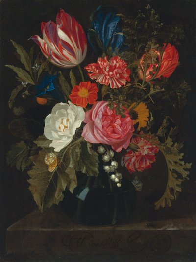 Flores en un jarrón sobre una repisa de mármol de Maria van Oosterwijck