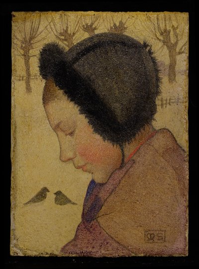 Cabeza de una joven con sombrero de piel de Marianne Stokes