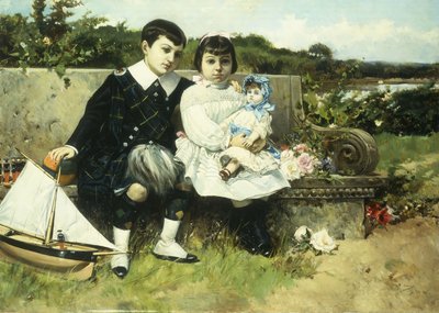 Dos niños sentados en un banco del parque, 1882 de Mariano Barbasan Lagueruela