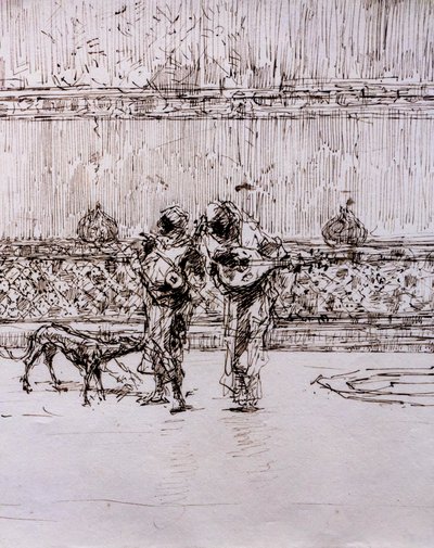 Músicos árabes ante un rey moro, hacia 1870-71 (pluma y tinta sobre papel tejido) de Mariano Fortuny