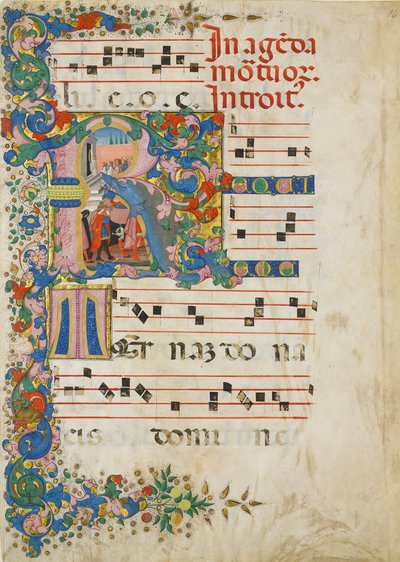 Hoja de manuscrito con una procesión funeraria en una inicial R, de un gradual, italiano, segunda mitad del siglo XV de Mariano del Buono