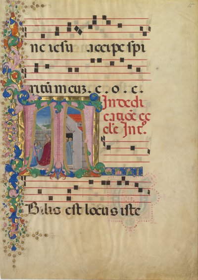Hoja de manuscrito con la dedicación de una iglesia en una inicial T, de un gradual, 2ª mitad del siglo XV de Mariano del Buono