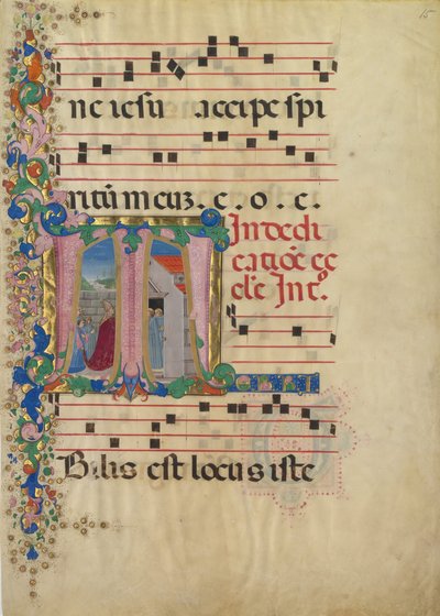 Hoja de manuscrito con la dedicación de una iglesia en una inicial T, de un gradual, segunda mitad del siglo XV de Mariano del Buono