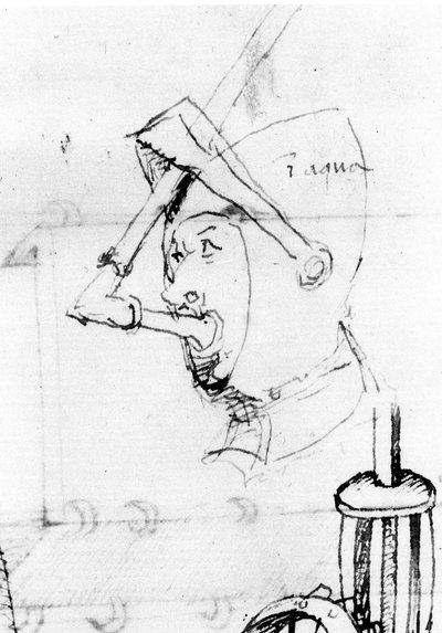 Dibujo que representa la transformación de un casco en una máscara submarina. La visera se usa para sostener el tubo respiratorio - en “De Ingeneis” por Mariano di Jacopo, llamado Il Taccola, siglo XV de Mariano di  Jacopo 