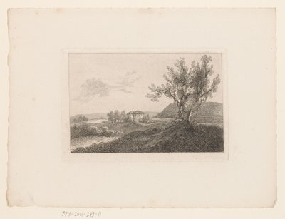 Paisaje con una villa a lo lejos y un banco de jardín cerca de dos árboles en primer plano Mis primeras pruebas de aguafuerte en una serie de 28 hojas (título de la serie) Meine ersten Nadel Versuche: eine Folge von 28 Blättern (título de la serie) de Marie Anna Fischer