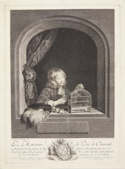 Un niño con una jaula de pájaros en una ventana de Marie Louise Adélaïde Boizot