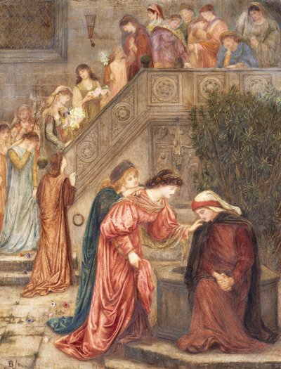 Ciertas damas de su compañía se reunieron con Beatriz cuando ella se quedaba sola en su llanto, y al pasar dentro y fuera, las oía hablar sobre ella. de Marie Spartali Stillman