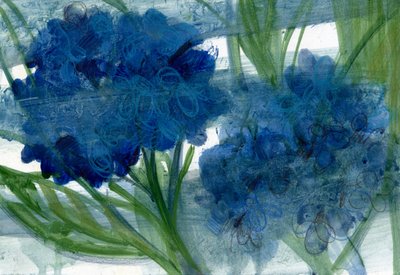 Hortensias azules, 2020 (óleo sobre papel A4) de Marina Falco